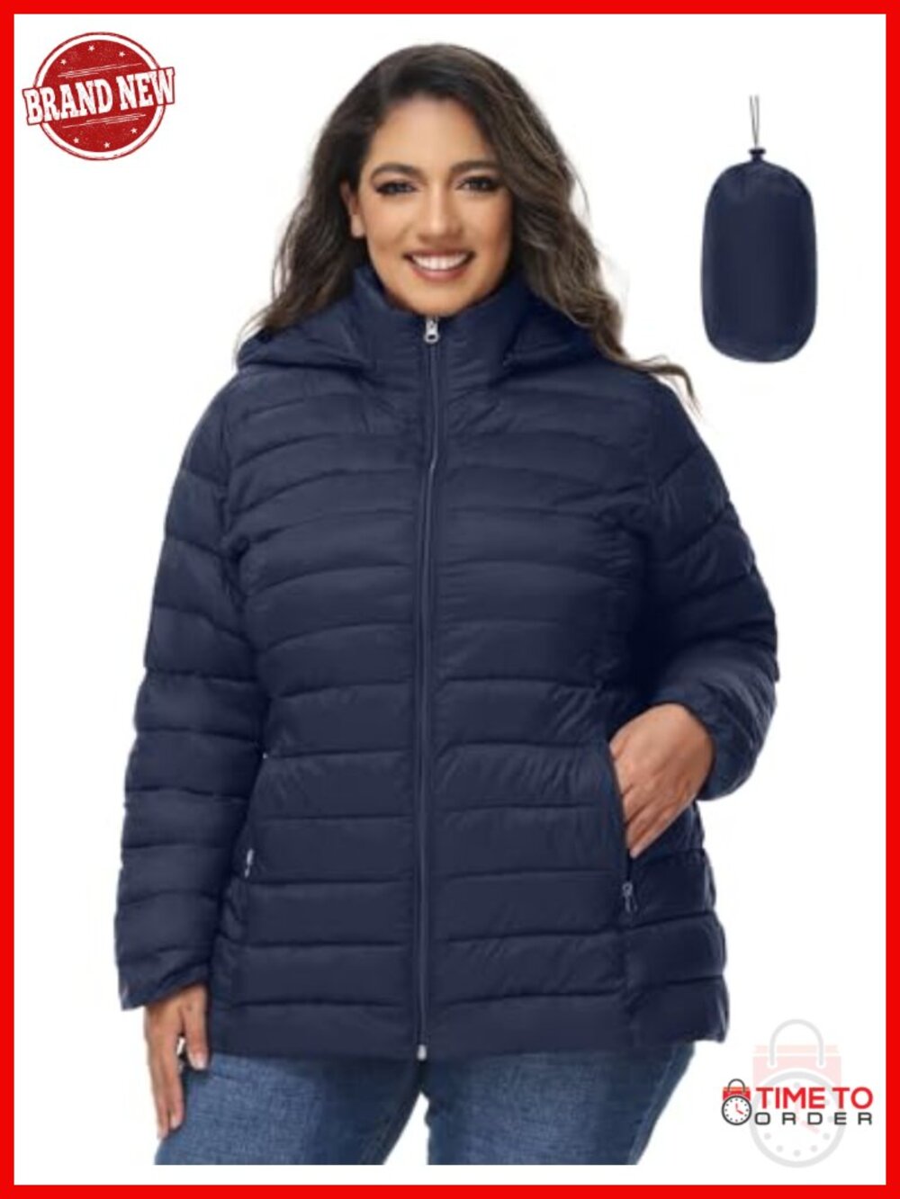 Women's Plus Size Puffer Jacket with Detachable Hood, Lightweight Packable